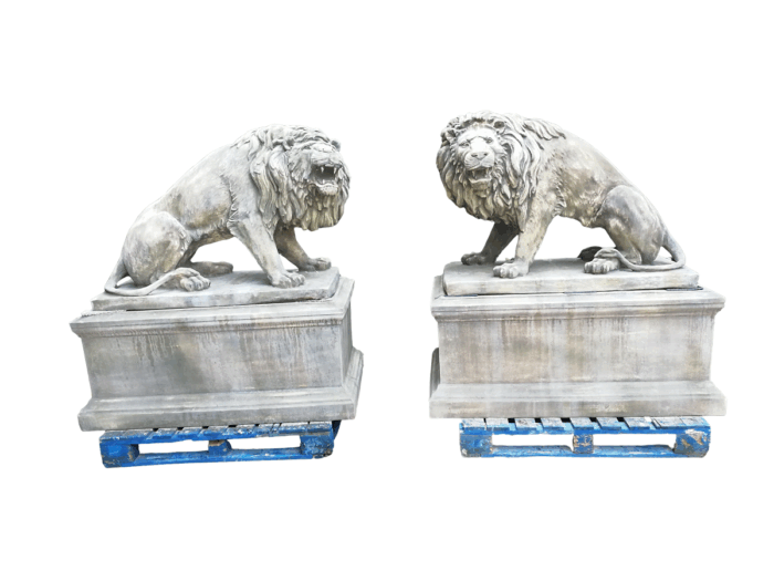 A Very Rare Pair of  20th Century English Trafalgar-style Cast Stone Concrete Statues on Concrete Pedestals ND