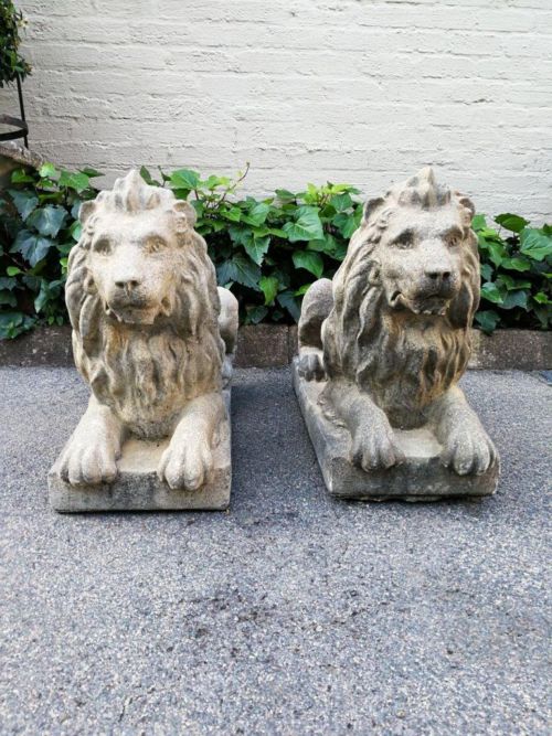 A Pair of 20th Century English Cast Stone Concrete Langport-style Lions