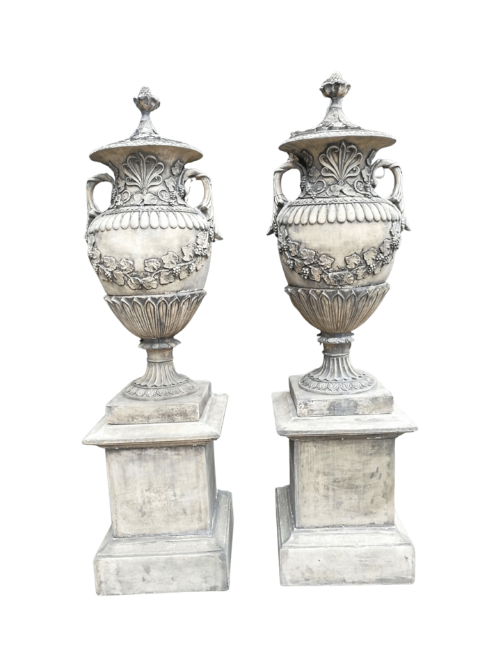 Pair of Very Large 20th Century English Cast Stone Concrete Regency-style Lidded Urns On Concrete Plinths ND