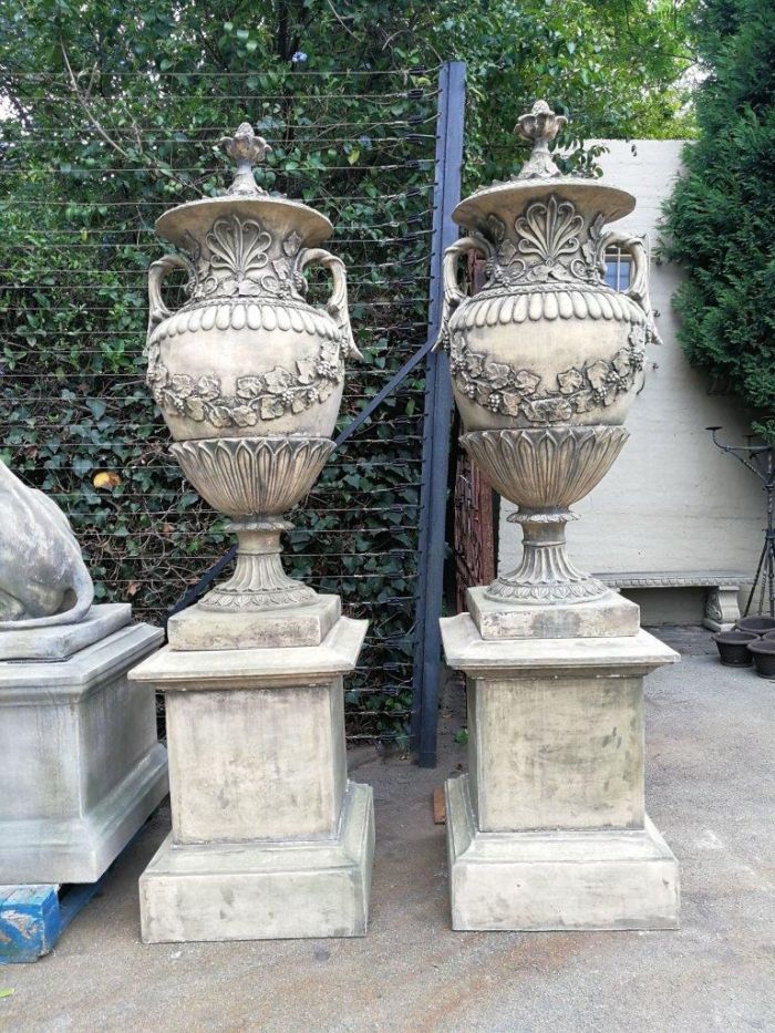 Pair of Very Large 20th Century English Cast Stone Concrete Regency-style Lidded Urns On Concrete Plinths ND - Image 2