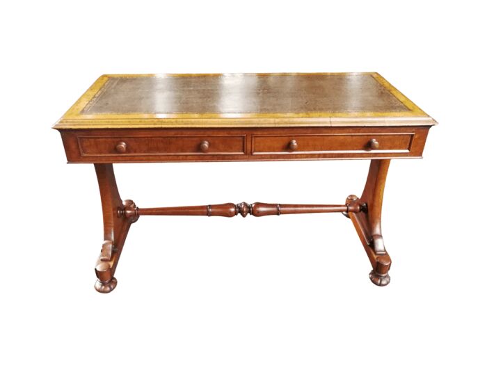 A Late circa 1890 Victorian Mahogany Library Table with BADA Stamp (British Antiques Dealers Association) With a Gilt-tooled Brown Leather Top on Castors
