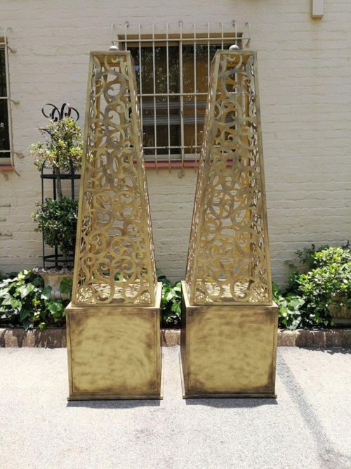 A Pair of Decorative Wrought Iron Lattice Obelisks (Gold) ND