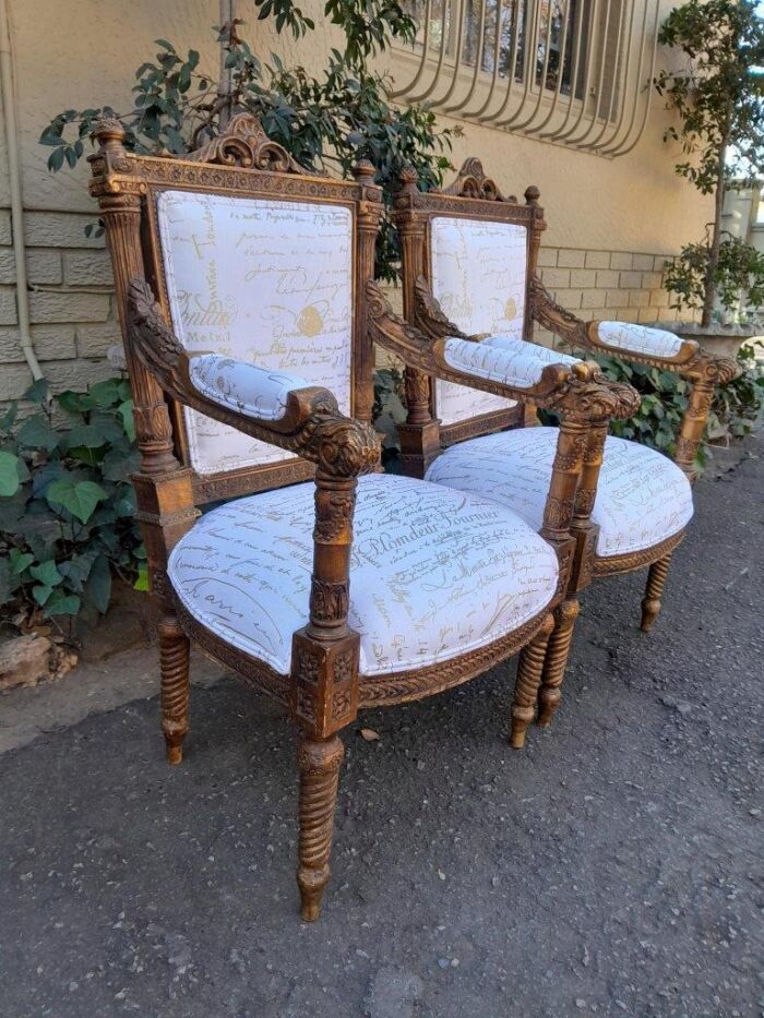 A Pair of 20th Century French Style Carved and Hand Gilded Armchairs Upholstered in a Custom and Handmade Gold Script Linen for The Crown Collection - Image 4