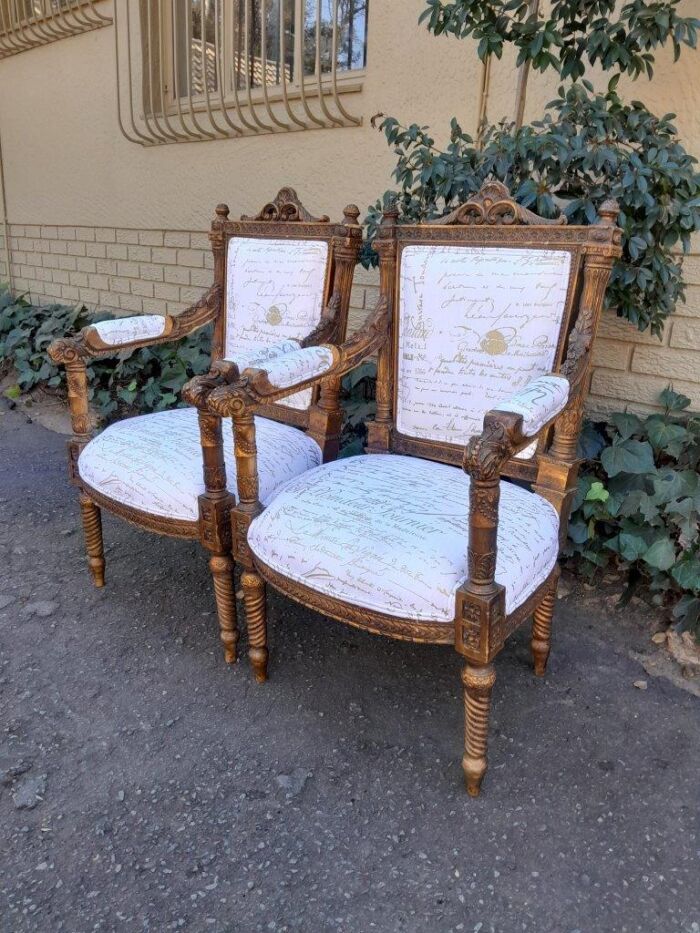 A Pair of 20th Century French Style Carved and Hand Gilded Armchairs Upholstered in a Custom and Handmade Gold Script Linen for The Crown Collection - Image 5