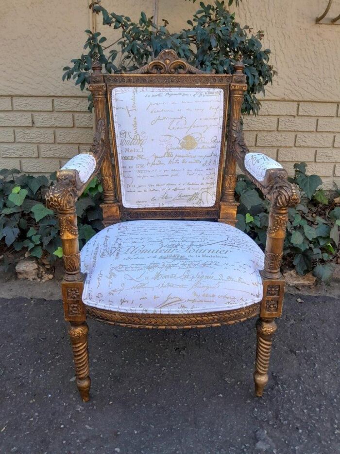 A Pair of 20th Century French Style Carved and Hand Gilded Armchairs Upholstered in a Custom and Handmade Gold Script Linen for The Crown Collection - Image 6