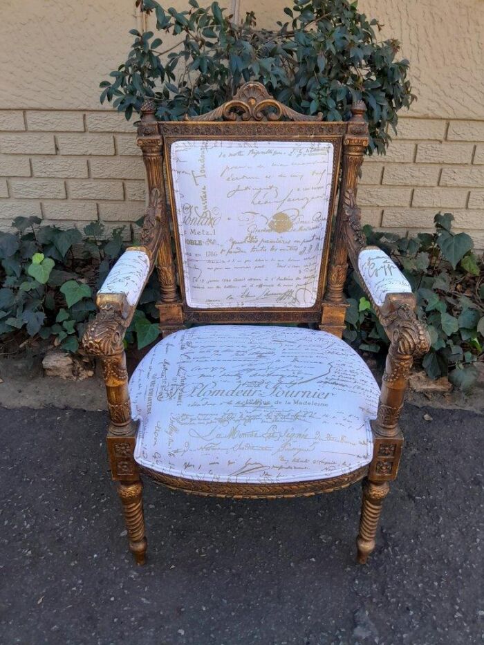 A Pair of 20th Century French Style Carved and Hand Gilded Armchairs Upholstered in a Custom and Handmade Gold Script Linen for The Crown Collection - Image 7