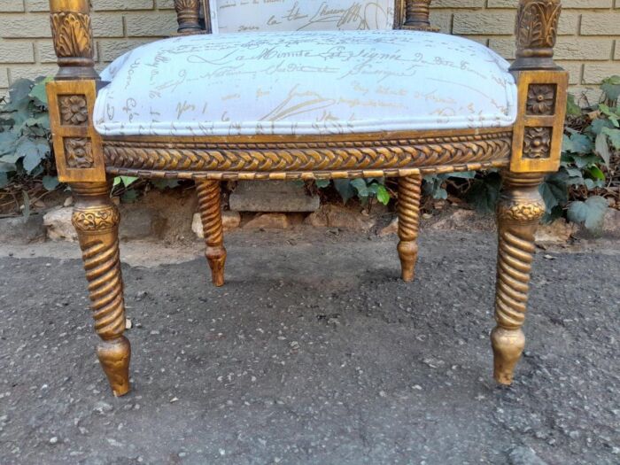 A Pair of 20th Century French Style Carved and Hand Gilded Armchairs Upholstered in a Custom and Handmade Gold Script Linen for The Crown Collection - Image 9