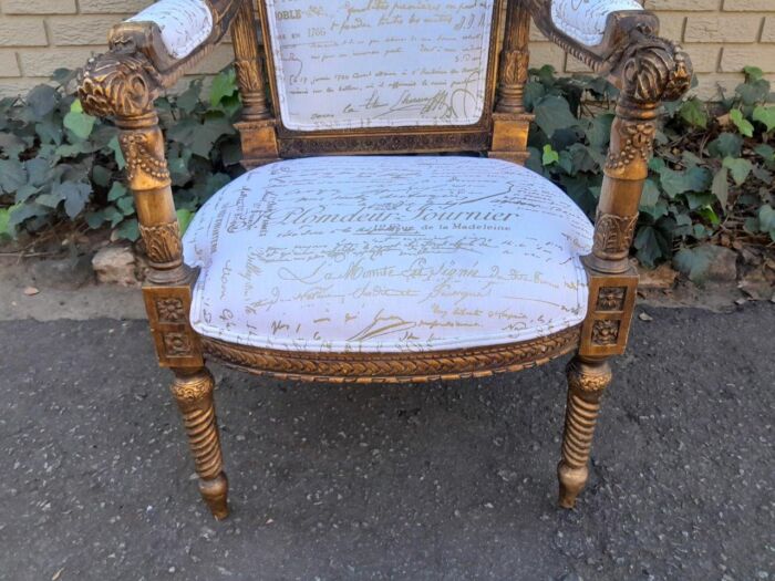 A Pair of 20th Century French Style Carved and Hand Gilded Armchairs Upholstered in a Custom and Handmade Gold Script Linen for The Crown Collection - Image 10