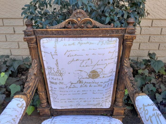 A Pair of 20th Century French Style Carved and Hand Gilded Armchairs Upholstered in a Custom and Handmade Gold Script Linen for The Crown Collection - Image 11
