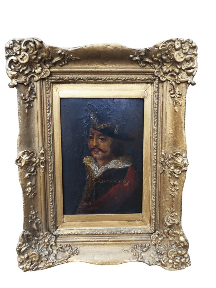 An Antique Oil on Board in an Antique Carved and Gilded Frame