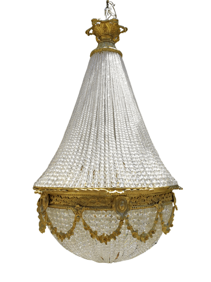 A Large Antique Gold Beaded Empire Style Chandelier