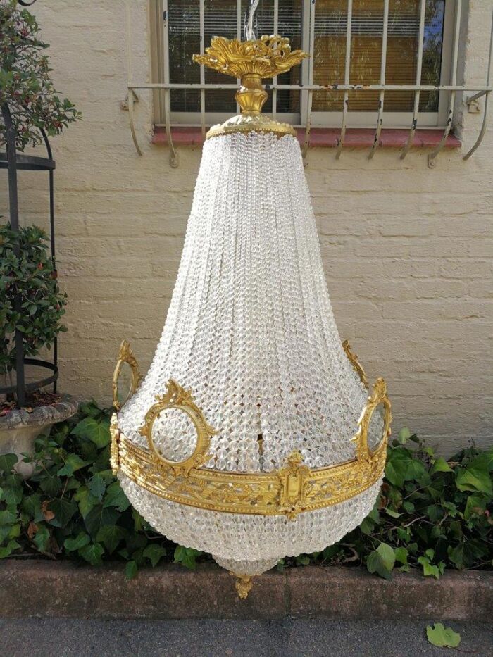 An Antique Gold Beaded Empire Style Chandelier - Image 3