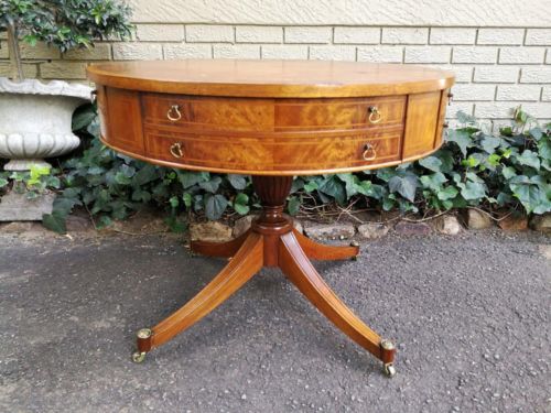 A Mid- 20th Century  (Circa 1950) Burr Walnut Drum Table With Tooled Leather Top and Drawers