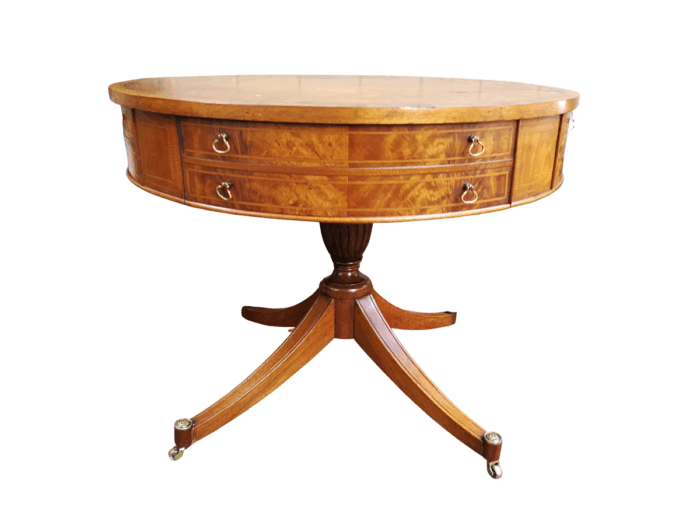 A Mid- 20th Century  (Circa 1950) Burr Walnut Drum Table With Tooled Leather Top and Drawers
