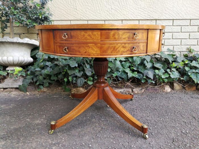 A Mid- 20th Century  (Circa 1950) Burr Walnut Drum Table With Tooled Leather Top and Drawers - Image 2