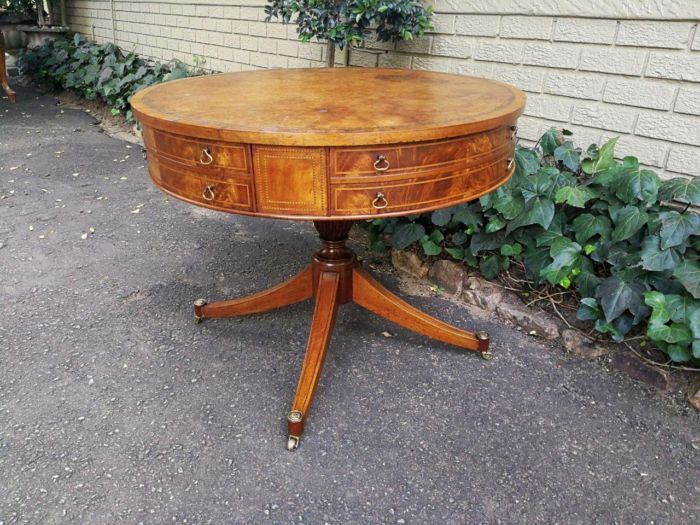 A Mid- 20th Century  (Circa 1950) Burr Walnut Drum Table With Tooled Leather Top and Drawers - Image 4