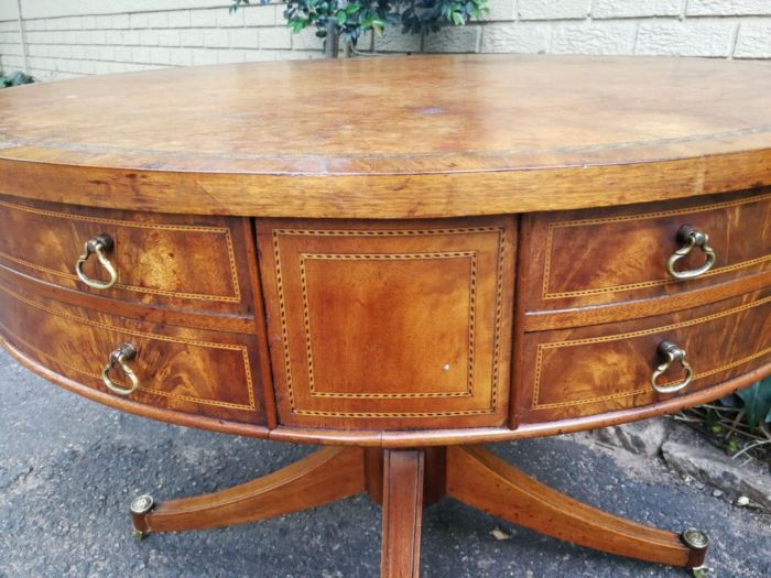 A Mid- 20th Century  (Circa 1950) Burr Walnut Drum Table With Tooled Leather Top and Drawers - Image 6
