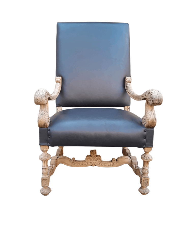An Antique Ornately Carved Oak Throne Armchair Upholstered in Leather and in a Contemporary Bleached Finish ND