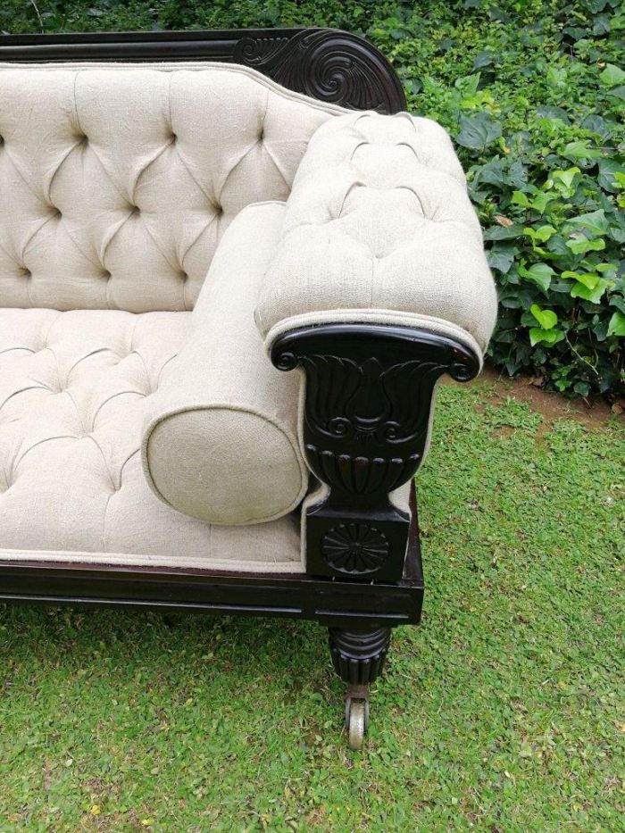 A 20TH Century English Rosewood Settee On Castors and Upholstered in an Imported Linen with Deep Button Detail and Bolster Cushions - Image 5