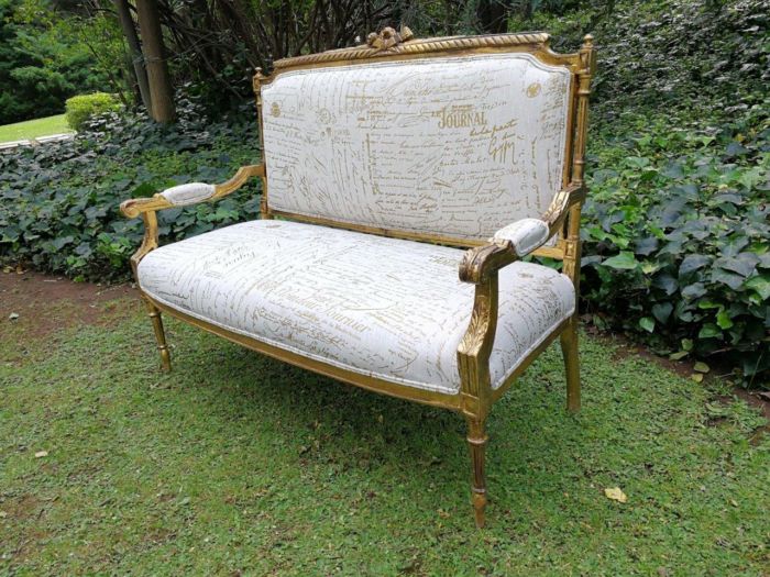 A French Style Hand-Gilded Beechwood Settee Upholstered In A Custom-Made Handmade Linen With Script Design - Image 3