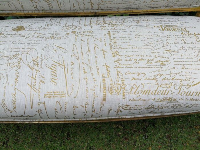 A French Style Hand-Gilded Beechwood Settee Upholstered In A Custom-Made Handmade Linen With Script Design - Image 7