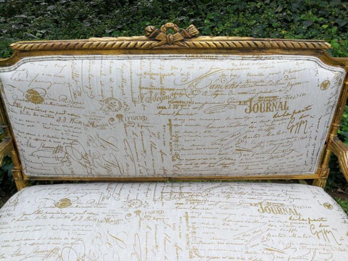 A French Style Hand-Gilded Beechwood Settee Upholstered In A Custom-Made Handmade Linen With Script Design - Image 8
