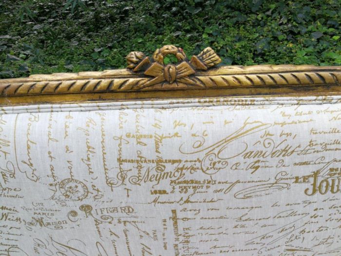 A French Style Hand-Gilded Beechwood Settee Upholstered In A Custom-Made Handmade Linen With Script Design - Image 9