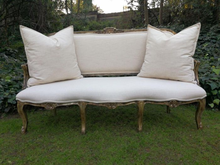 A 20th Century Carved And Hand-Gilded French Style Settee Upholstered In An Imported Linen - Image 2
