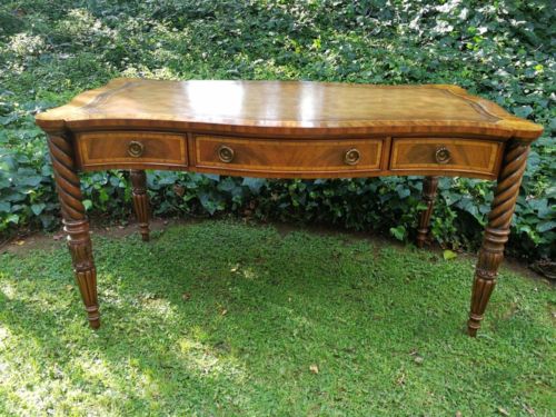 A Rare 20th Century MAITLAND SMITH Inlaid Walnut and Marquetry Desk/Table with Tooled Leather Top And Three Drawers