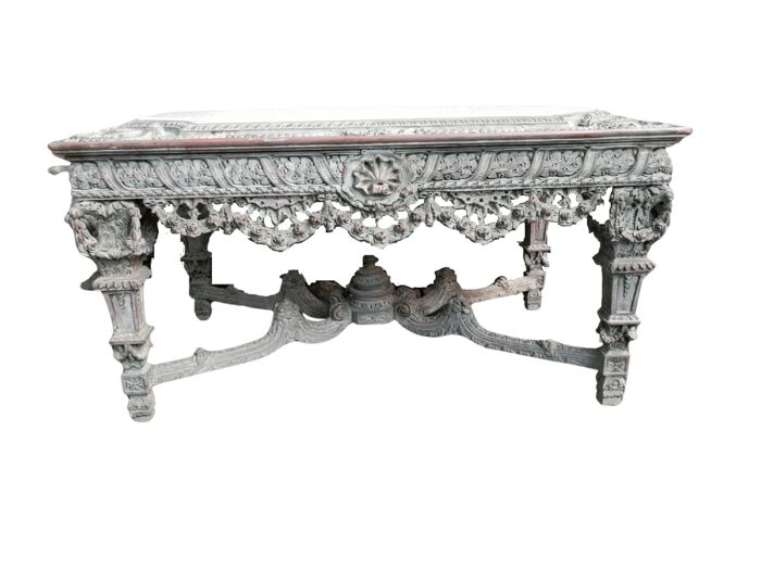A Rare French Style Ornately Carved Entrance / Drinks / Table With White Marble Inlaid Top Of Large Proportion