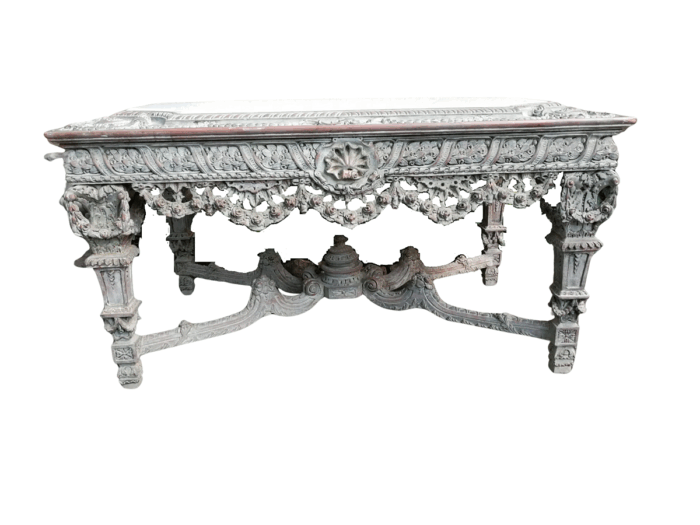 A Rare French Style Ornately Carved Entrance / Drinks / Table With White Marble Inlaid Top Of Large Proportion