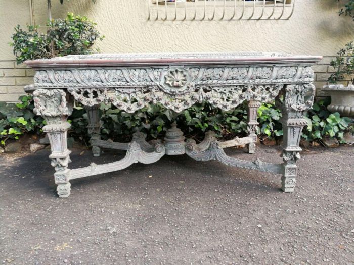 A Rare French Style Ornately Carved Entrance / Drinks / Table With White Marble Inlaid Top Of Large Proportion - Image 2