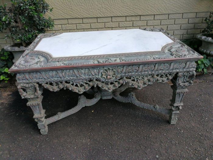 A Rare French Style Ornately Carved Entrance / Drinks / Table With White Marble Inlaid Top Of Large Proportion - Image 3