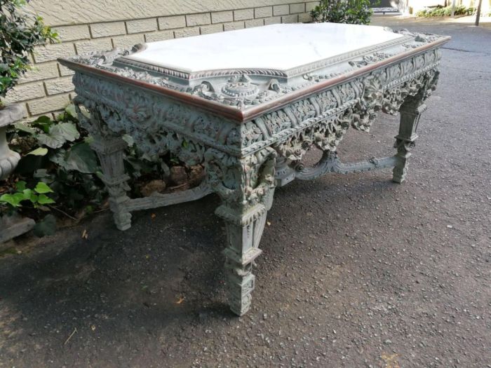 A Rare French Style Ornately Carved Entrance / Drinks / Table With White Marble Inlaid Top Of Large Proportion - Image 4