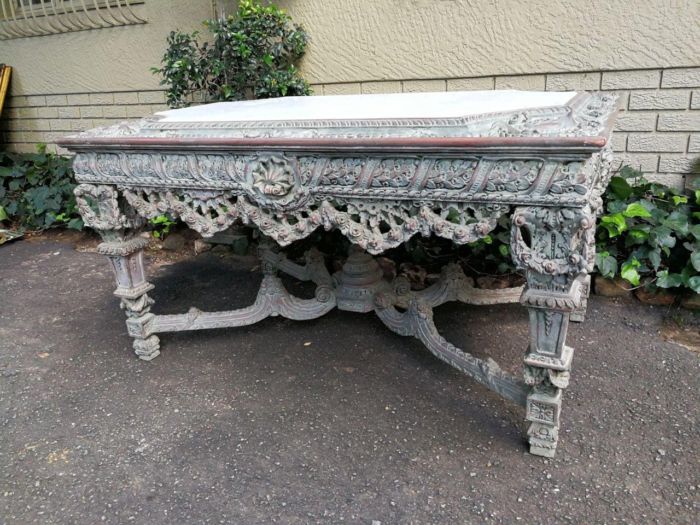 A Rare French Style Ornately Carved Entrance / Drinks / Table With White Marble Inlaid Top Of Large Proportion - Image 5