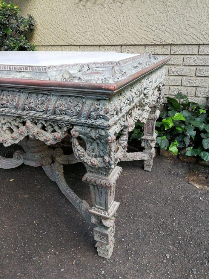 A Rare French Style Ornately Carved Entrance / Drinks / Table With White Marble Inlaid Top Of Large Proportion - Image 6