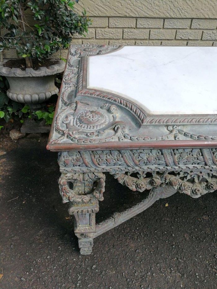 A Rare French Style Ornately Carved Entrance / Drinks / Table With White Marble Inlaid Top Of Large Proportion - Image 7