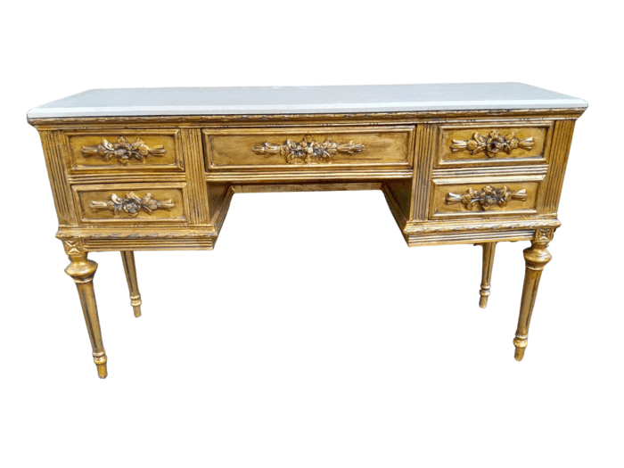 A 20th Century French Style Hand Gilded Desk / Table with Marble Top