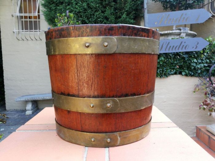 A 20th Century Teak Water Bucket with Brand Bands and Iron Handle ND - Image 2