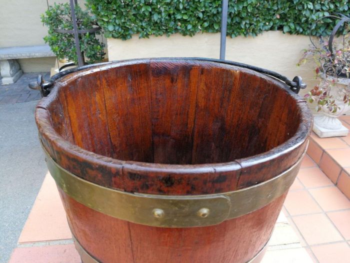 A 20th Century Teak Water Bucket with Brand Bands and Iron Handle ND - Image 4