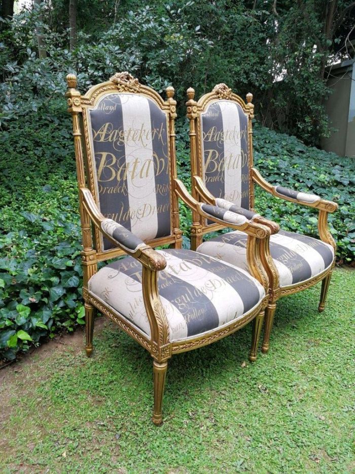 A Pair of French Style Armchairs Imported from Canonbury Antiques in England and Upholstered in a Handmade Linen with Gold Script - Image 3