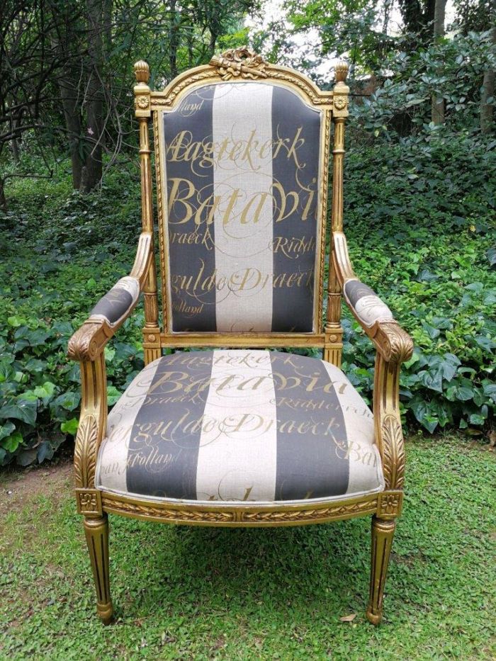 A Pair of French Style Armchairs Imported from Canonbury Antiques in England and Upholstered in a Handmade Linen with Gold Script - Image 5