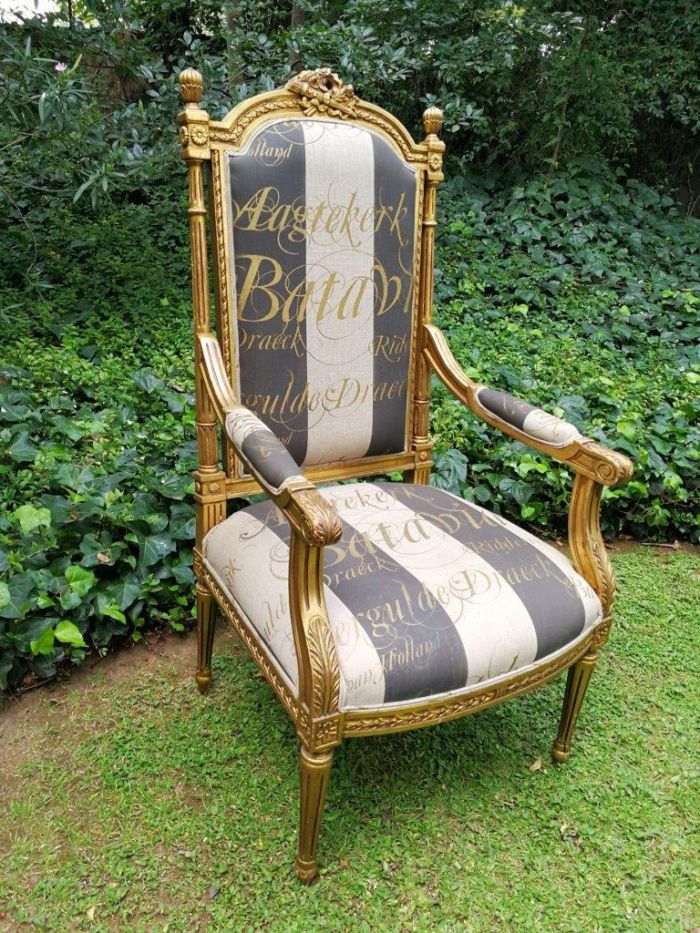 A Pair of French Style Armchairs Imported from Canonbury Antiques in England and Upholstered in a Handmade Linen with Gold Script - Image 6