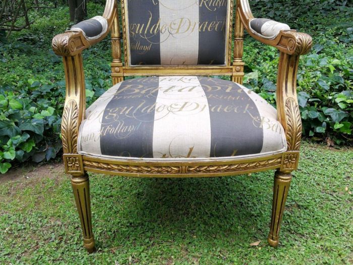 A Pair of French Style Armchairs Imported from Canonbury Antiques in England and Upholstered in a Handmade Linen with Gold Script - Image 7