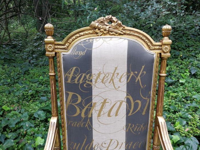 A Pair of French Style Armchairs Imported from Canonbury Antiques in England and Upholstered in a Handmade Linen with Gold Script - Image 8