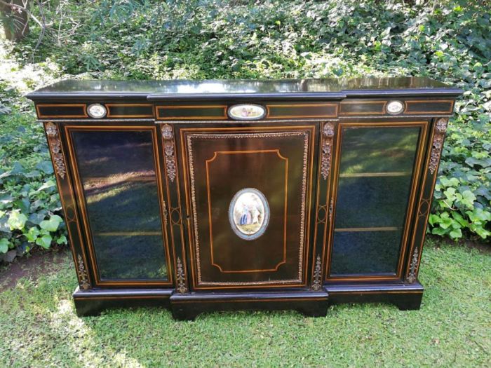 A French Style Ebonized Breakfront Credenza / Sideboard With Ormolu Mounts And Marquetry Inlay - Image 2