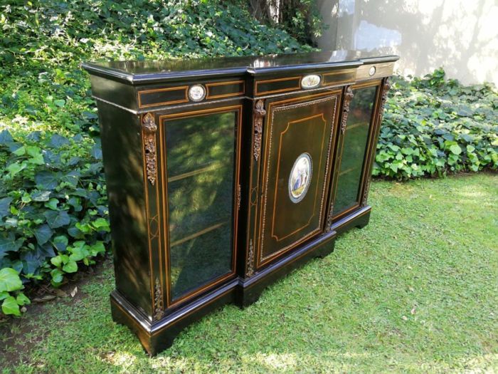 A French Style Ebonized Breakfront Credenza / Sideboard With Ormolu Mounts And Marquetry Inlay - Image 3