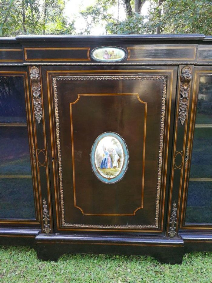 A French Style Ebonized Breakfront Credenza / Sideboard With Ormolu Mounts And Marquetry Inlay - Image 5