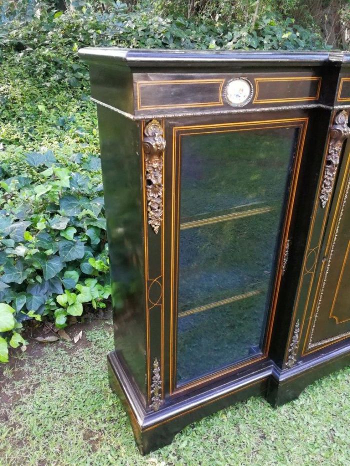 A French Style Ebonized Breakfront Credenza / Sideboard With Ormolu Mounts And Marquetry Inlay - Image 6