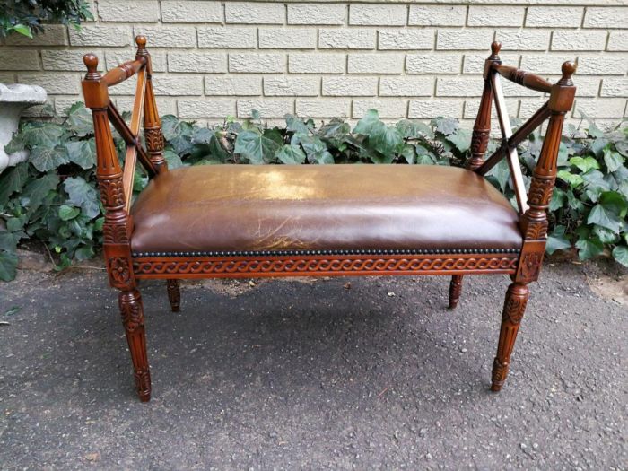 A 20th Century French Carved Mahogany Ottoman With Gilt Tooled Brown Leather - Image 2